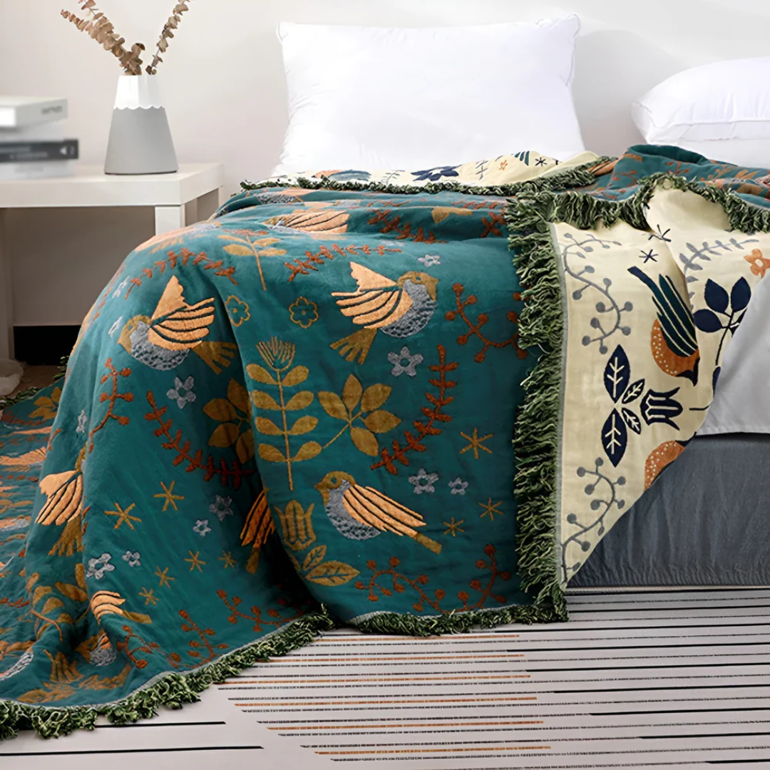 Dubbelzijdige Plaid met Geborduurde Vogels en Bloemen met Franjes