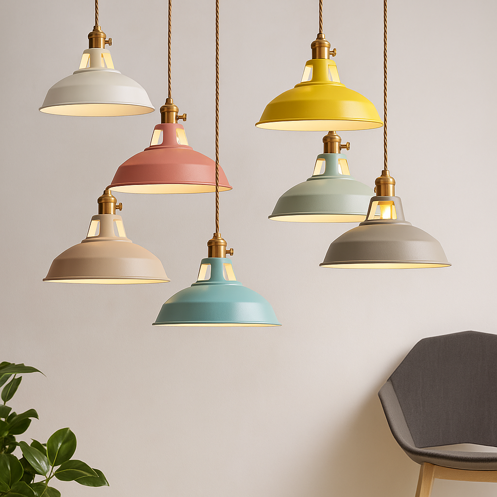 Hanglamp Retro met Gekleurde Metalen Kap en Gedraaid Snoer