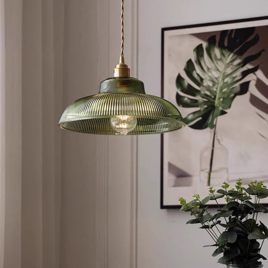 Hanglamp Retro met Geribbelde Glazen Kap en Messing Fitting
