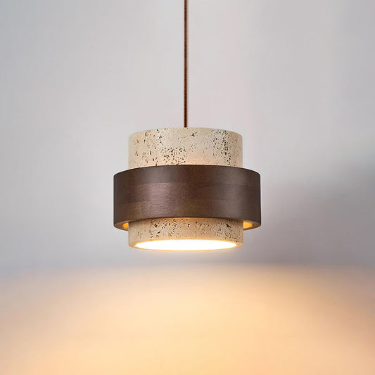 Hanglamp Rustiek met Travertijn Kap en Houten Ring