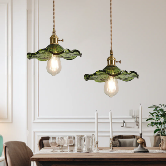 Hanglamp Vintage met Glazen Bloemkap en Messing Details