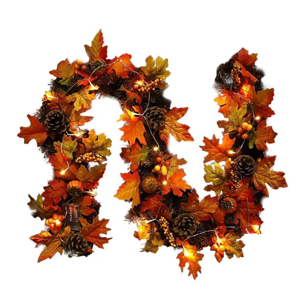 Herfstslinger met Esdoornbladeren, Dennenappels en Pompoenen met Optionele LED-verlichting