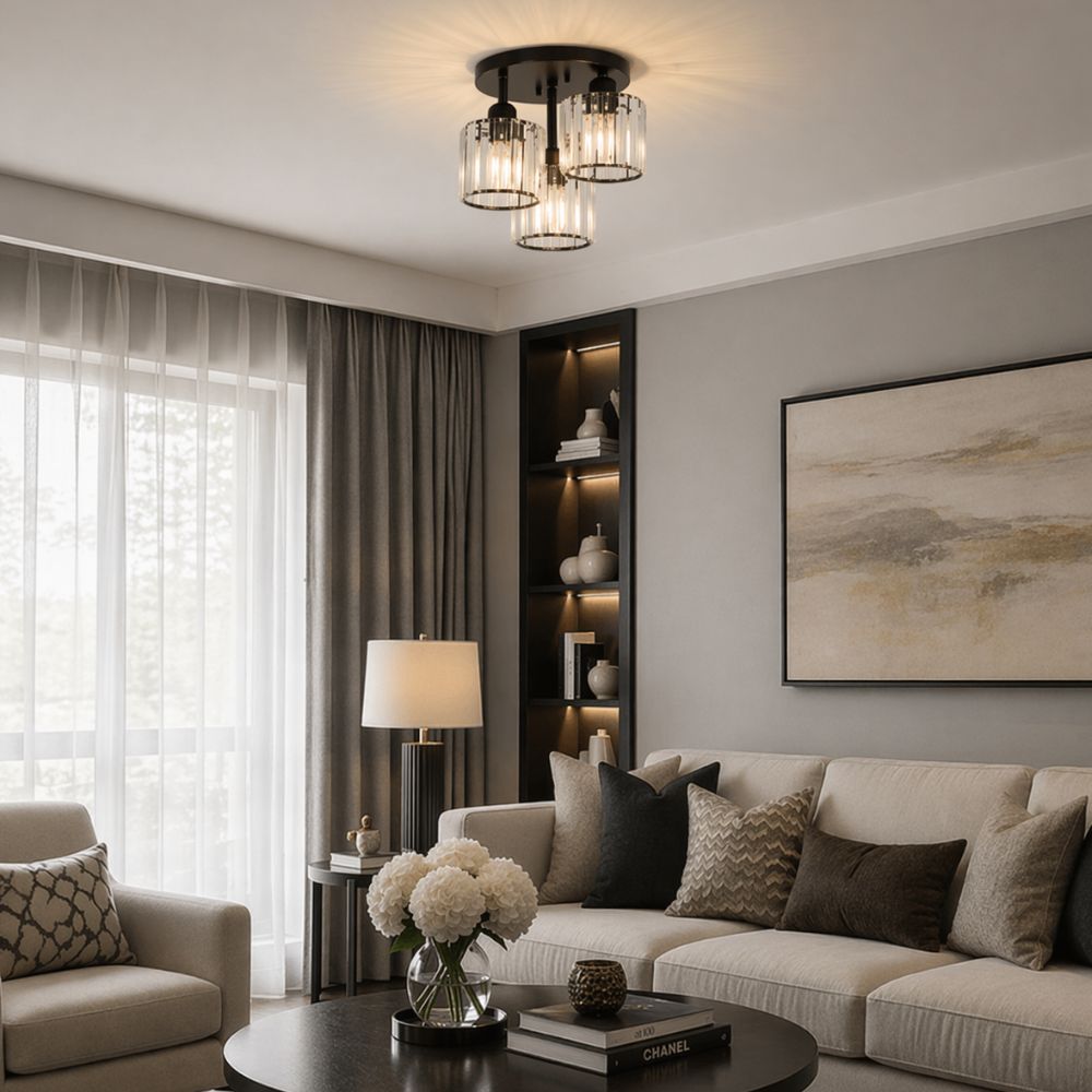 Plafondlamp Art Deco met 3 Kristallen Kappen en Ronde Basis