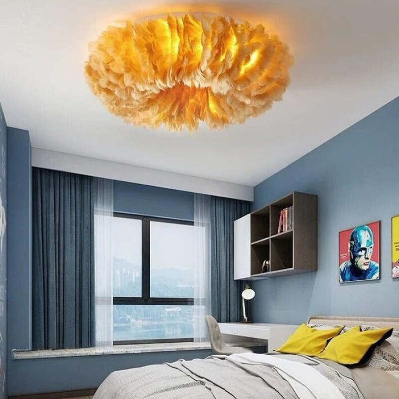 Plafondlamp Bohemian met Veren Kap en Warm Licht