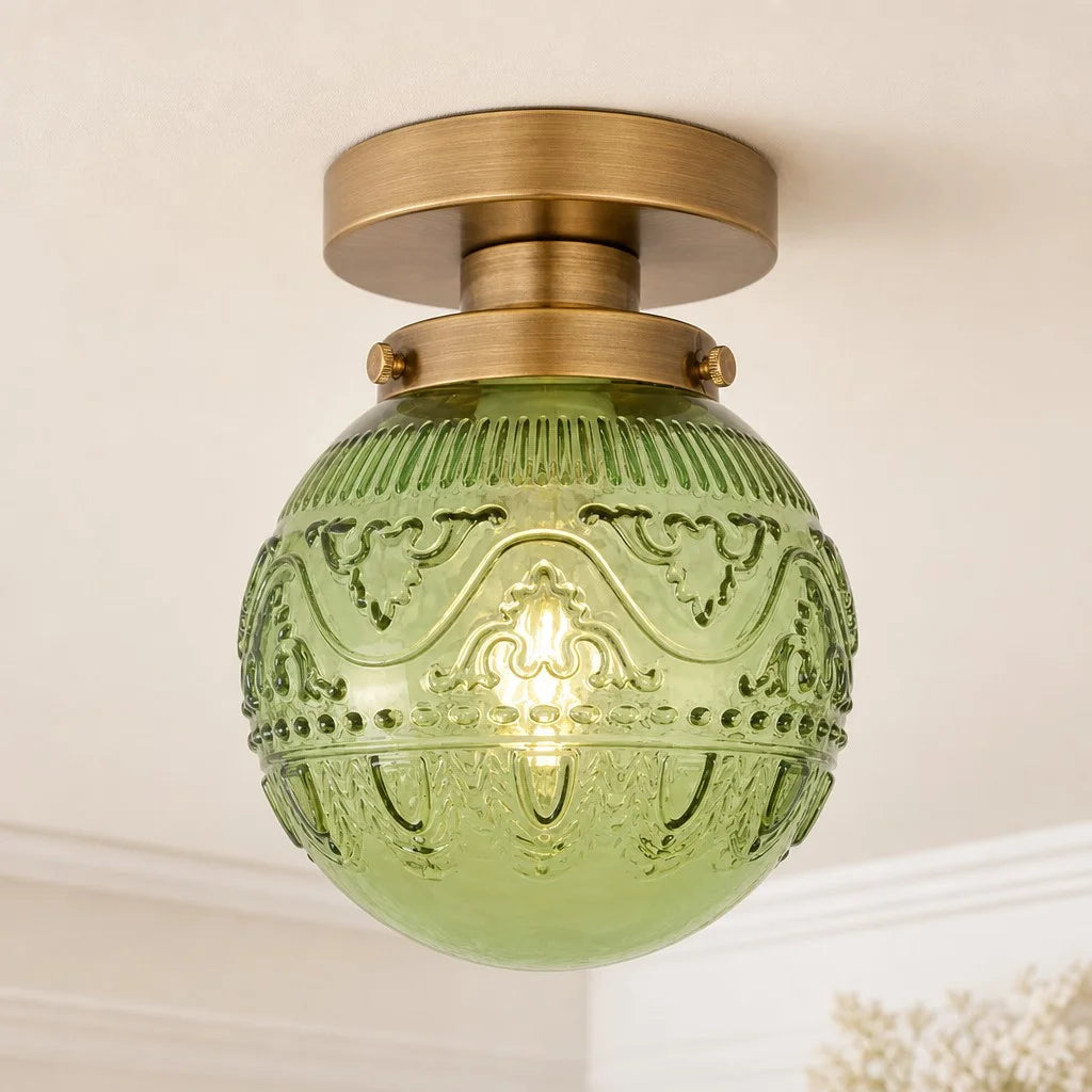 Plafondlamp Vintage met Gegraveerde Glazen Bol en Messing Fitting