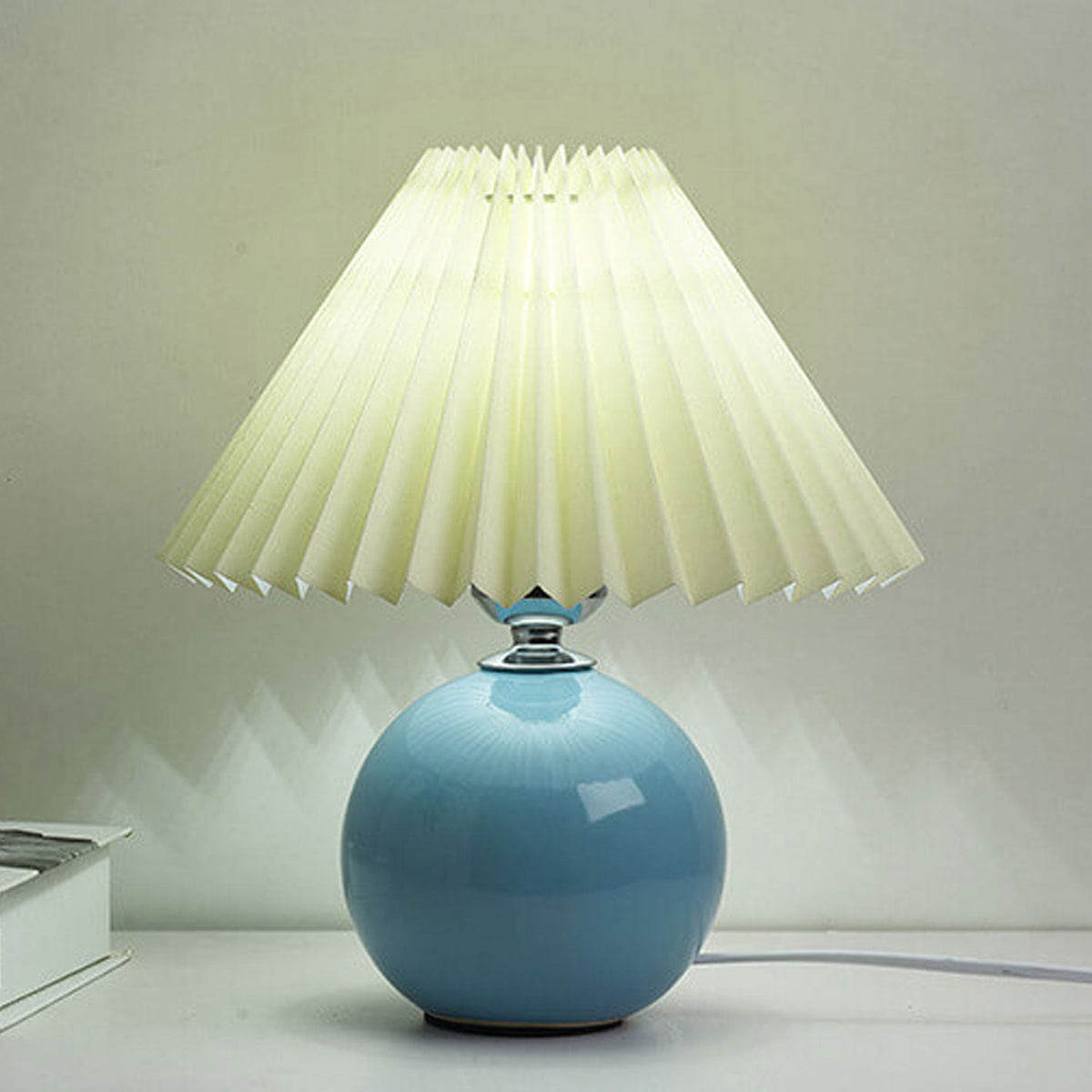 Tafellamp Retro met Geplooide Kap en Keramische Bolvoet