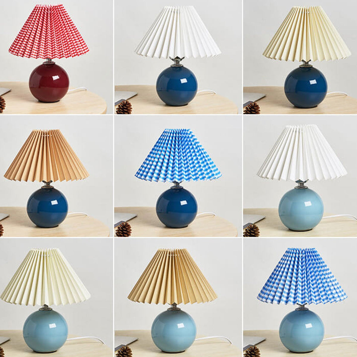 Tafellamp Retro met Geplooide Kap en Keramische Bolvoet