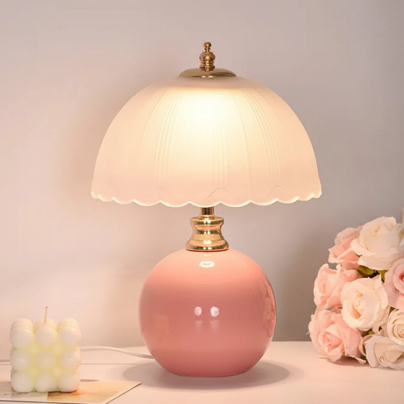 Tafellamp Retro met Glazen Kap en Keramische Bolvoet