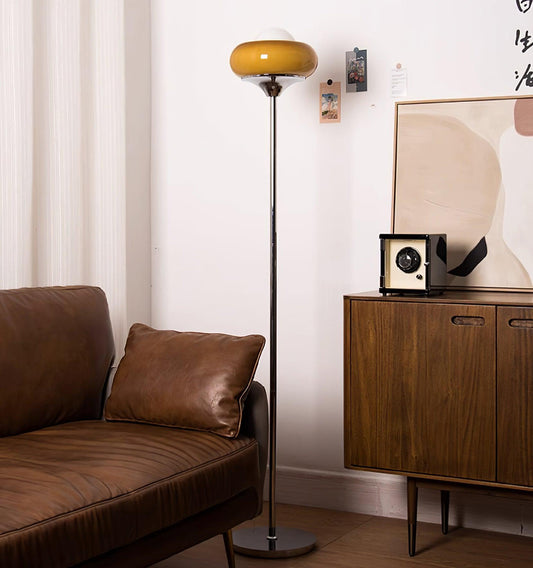 Vloerlamp Retro met Ronde Glazen Kap en Chromen Voet
