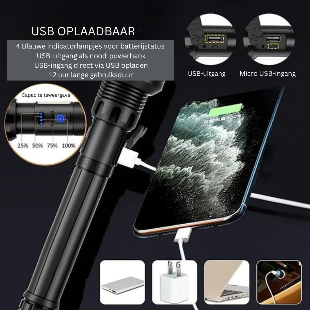 Oplaadbare LED Zaklamp met 16.000 Lumen en Ultrabereik voor Avonturen en Noodgevallen 2