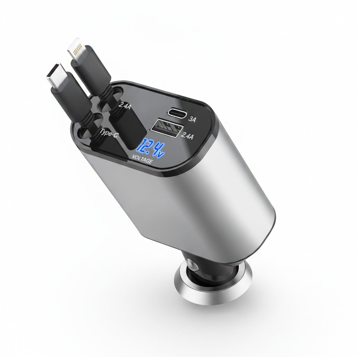 Auto Oplader 4-in-1 Snellader met Intrekbare Kabels en LED Voltmeter