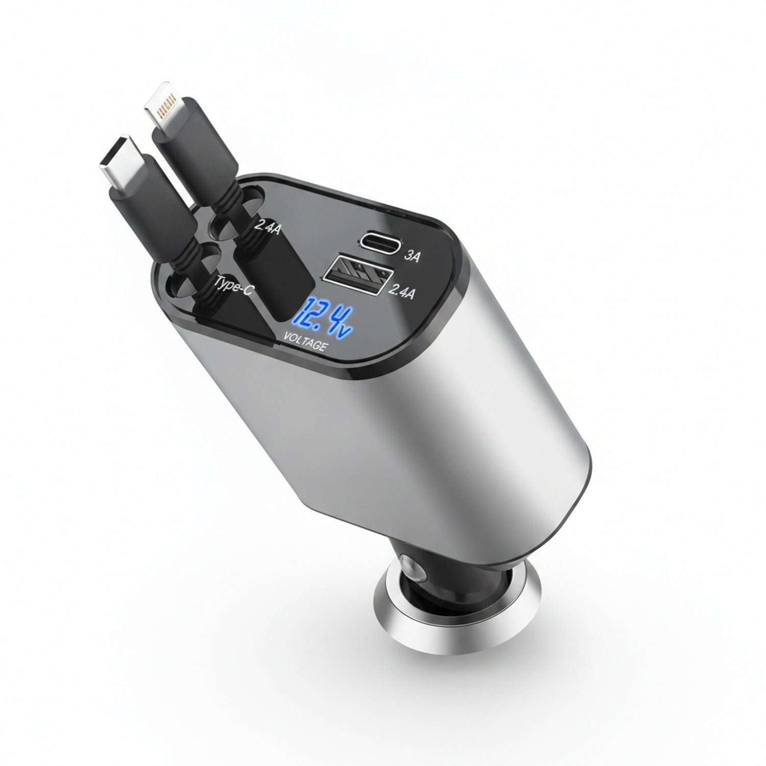 Auto Oplader 4-in-1 Snellader met Intrekbare Kabels en LED Voltmeter