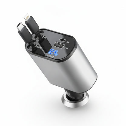 Auto Oplader 4-in-1 Snellader met Intrekbare Kabels en LED Voltmeter