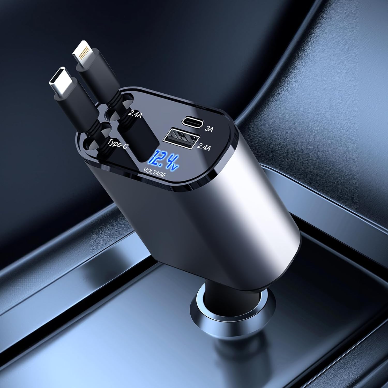 Auto Oplader 4-in-1 Snellader met Intrekbare Kabels en LED Voltmeter
