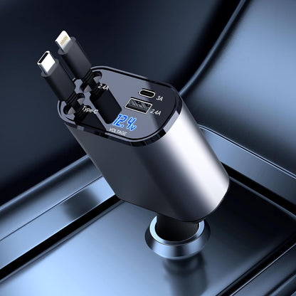 Auto Oplader 4-in-1 Snellader met Intrekbare Kabels en LED Voltmeter