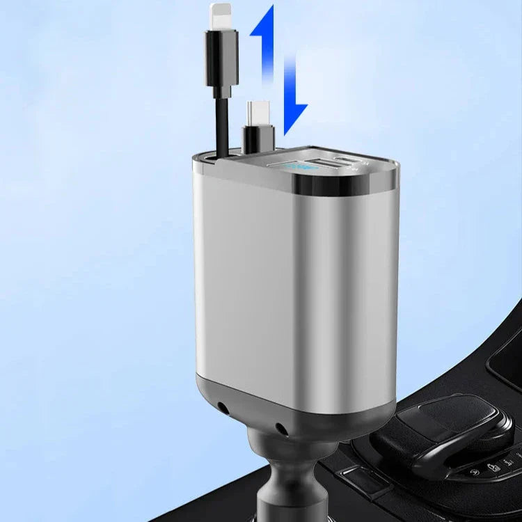 Auto Oplader 4-in-1 Snellader met Intrekbare Kabels en LED Voltmeter