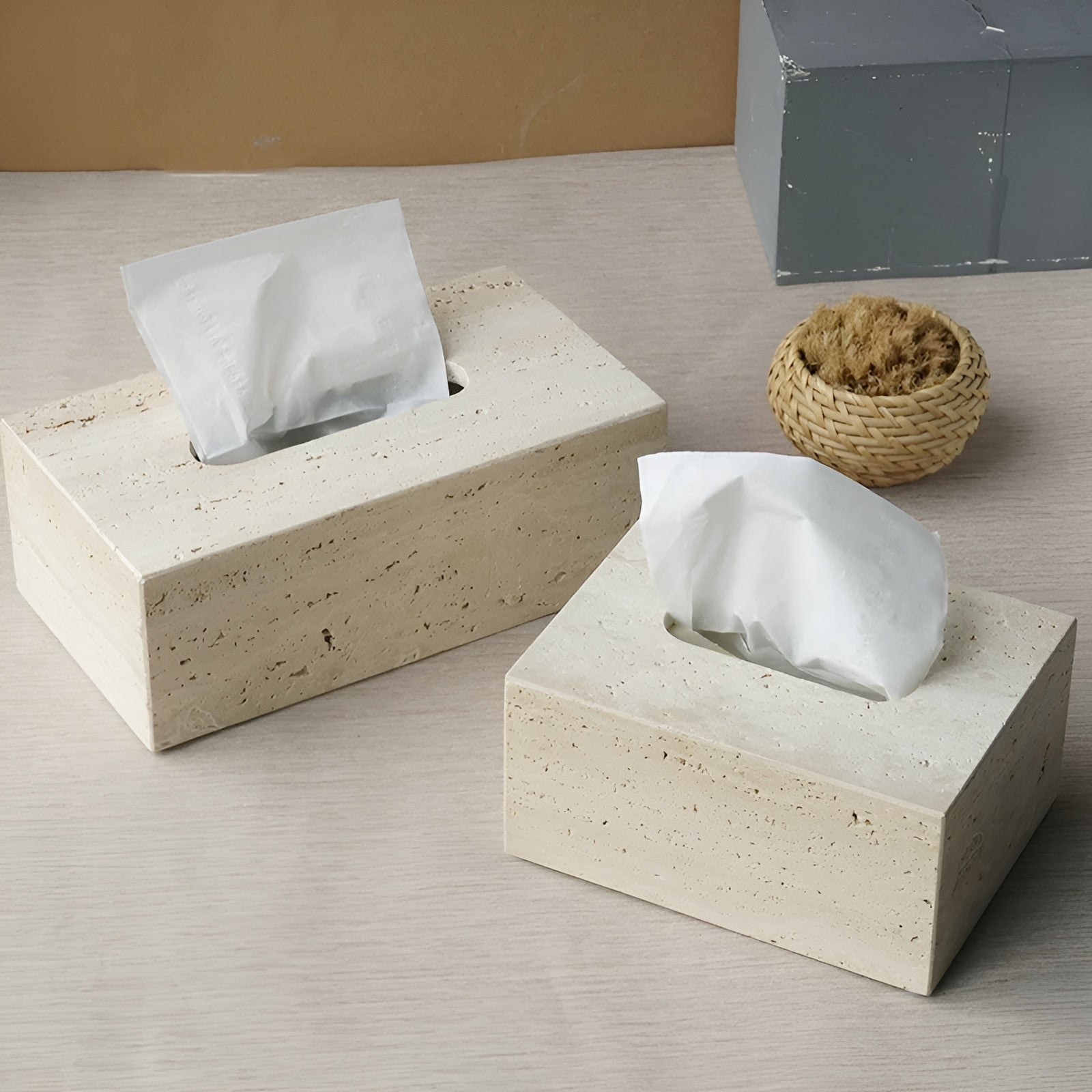 Badkamerset Travertijn met Zeepdispenser, Zeepschaal, Diffusor en Dienblad