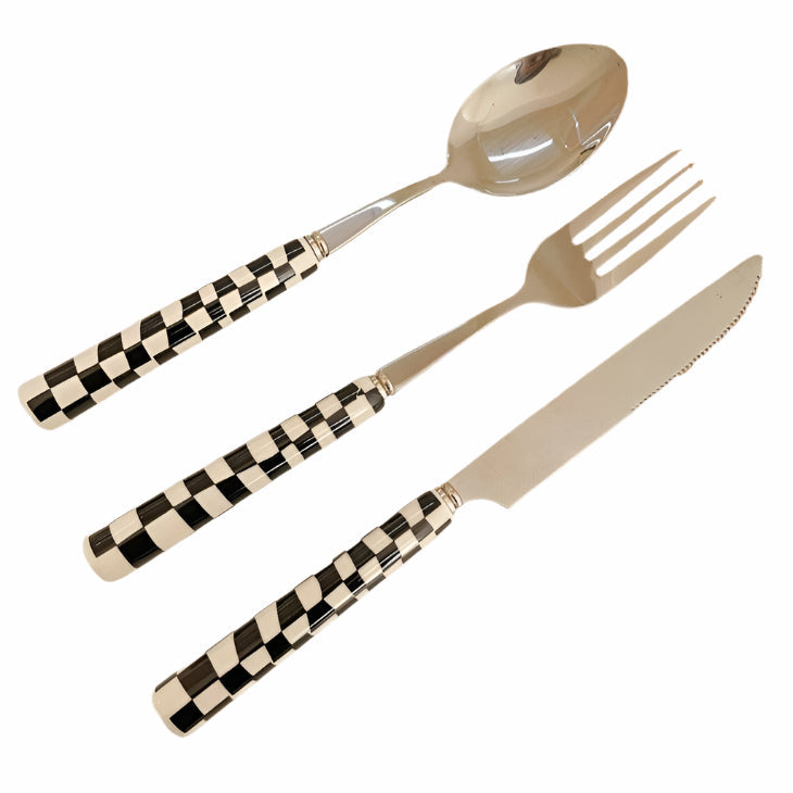 Bestekset met Ruitjespatroon Lepel Vork en Mes 3-delig Retro