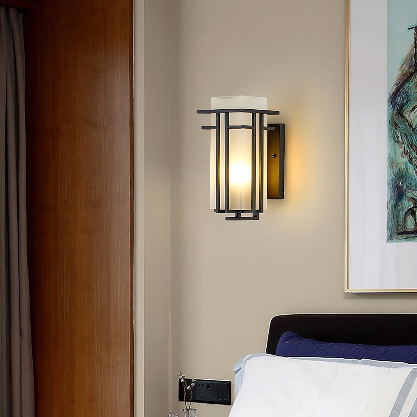 Buitenlamp Modern met Frosted Glas Kap en Metalen Rasterframe voor Muur