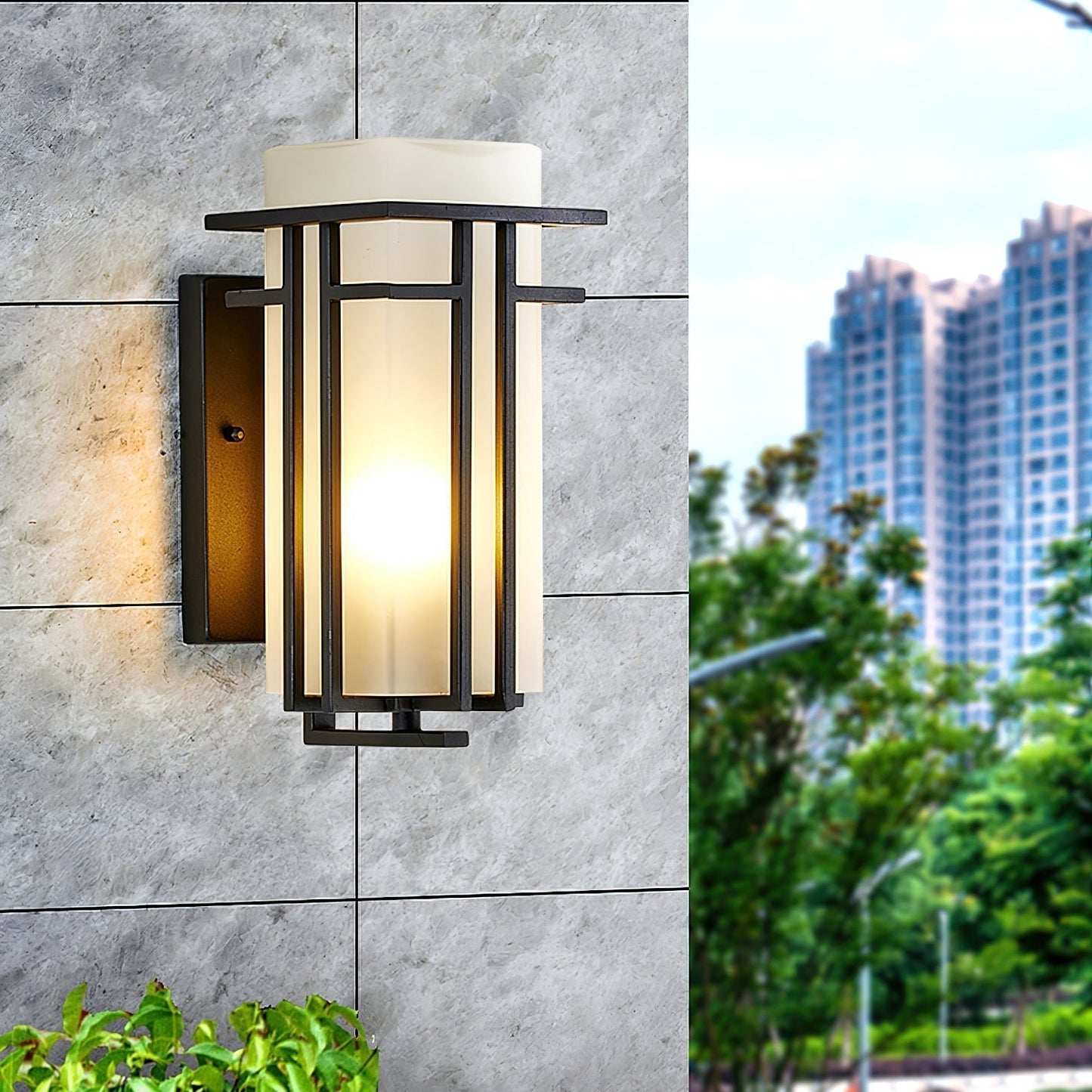 Buitenlamp Modern met Frosted Glas Kap en Metalen Rasterframe voor Muur