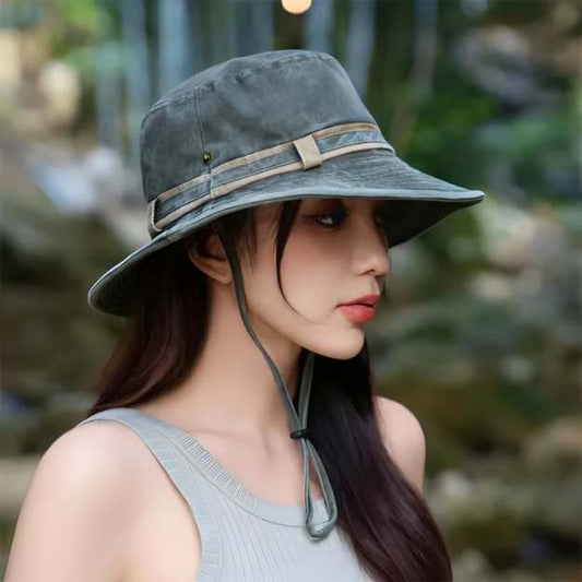 Dames Bucket Hat met Brede Rand en Verstelbare Kinband