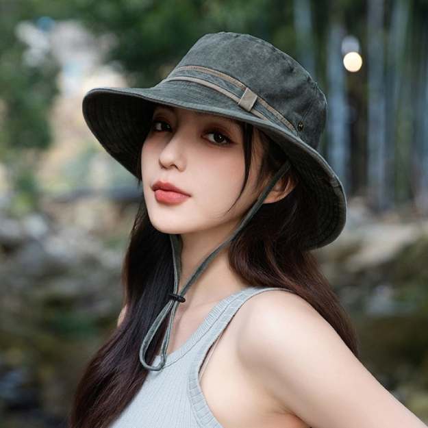 Dames Bucket Hat met Brede Rand en Verstelbare Kinband