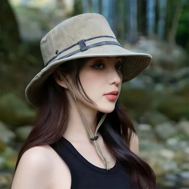 Dames Bucket Hat met Brede Rand en Verstelbare Kinband