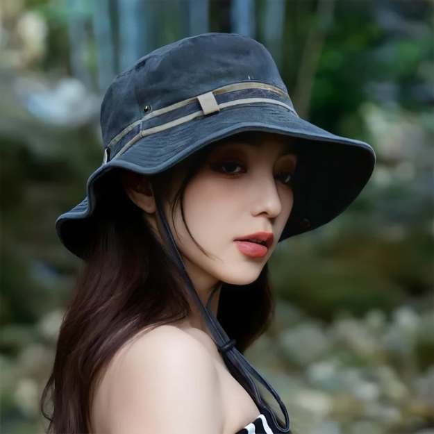 Dames Bucket Hat met Brede Rand en Verstelbare Kinband