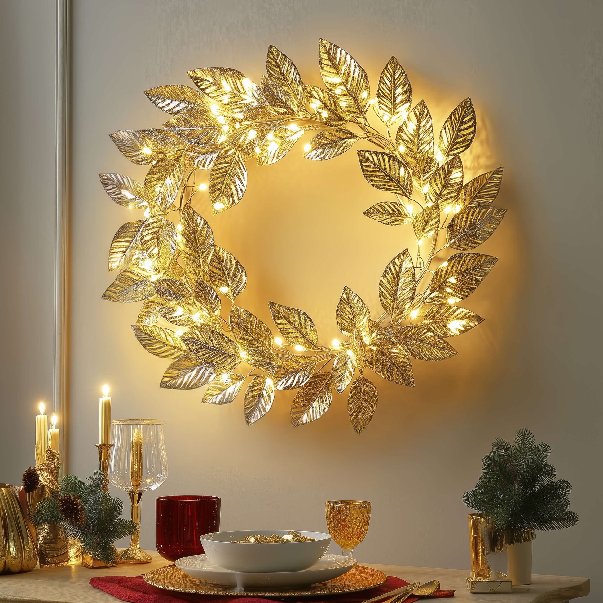 Decoratieve LED Krans met Bladeren en Warm Licht op Batterijen