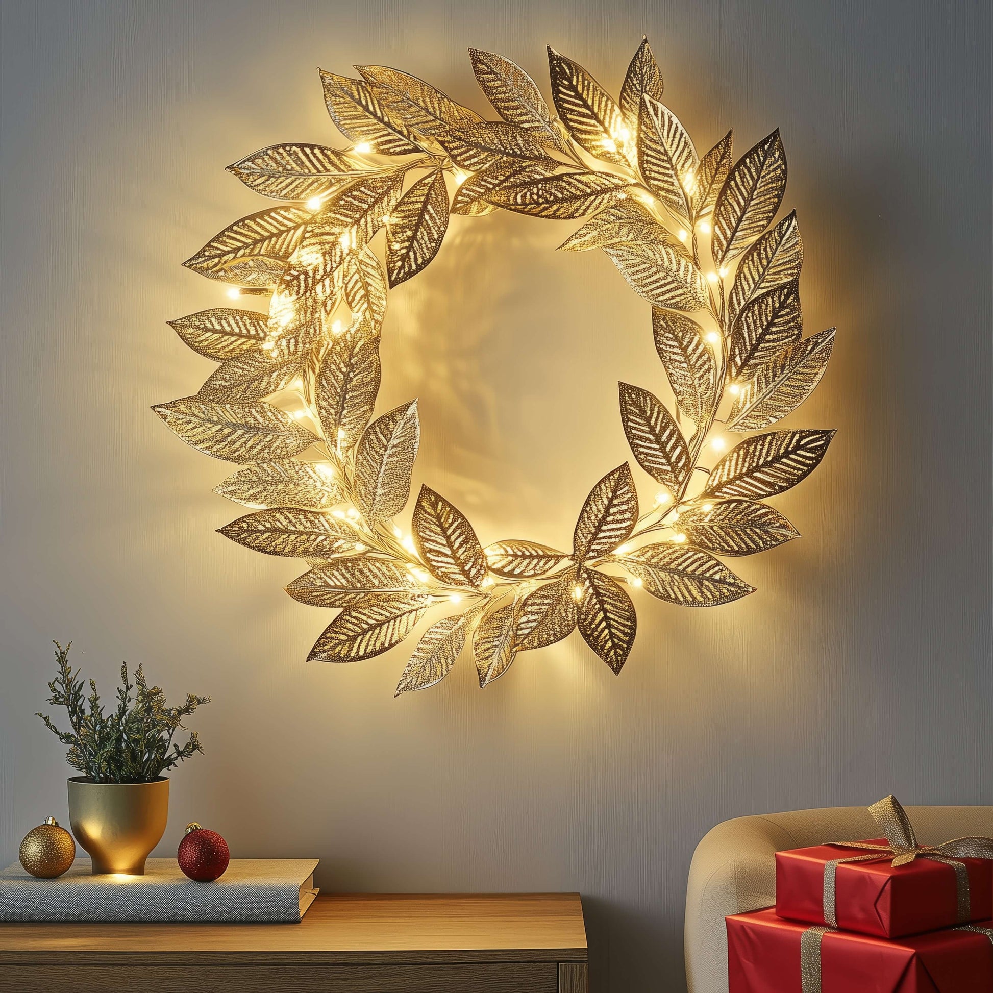 Decoratieve LED Krans met Bladeren en Warm Licht op Batterijen