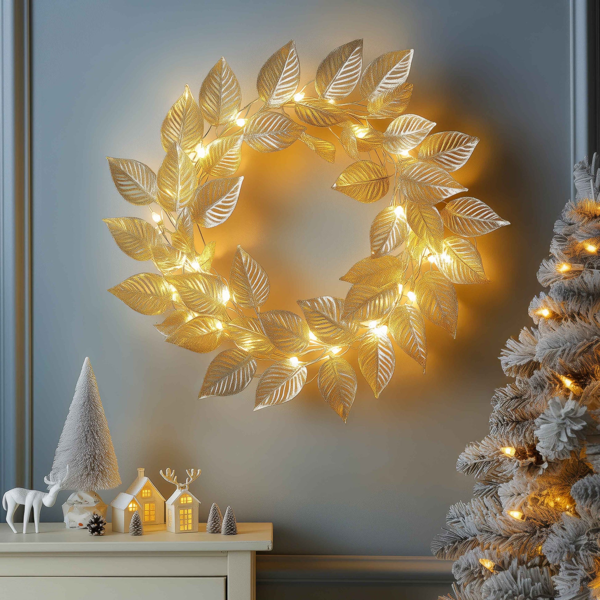 Decoratieve LED Krans met Bladeren en Warm Licht op Batterijen