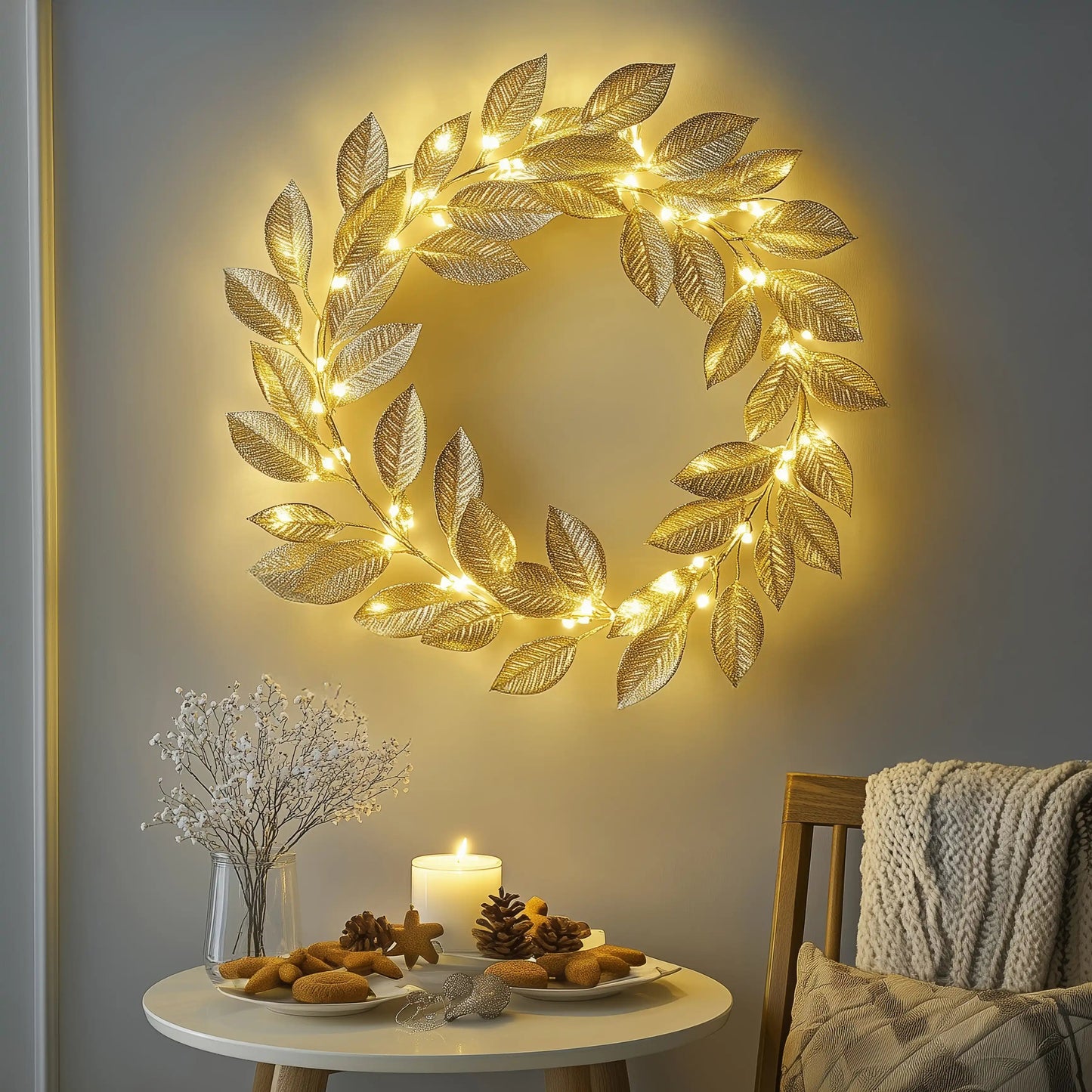 Decoratieve LED Krans met Bladeren en Warm Licht op Batterijen