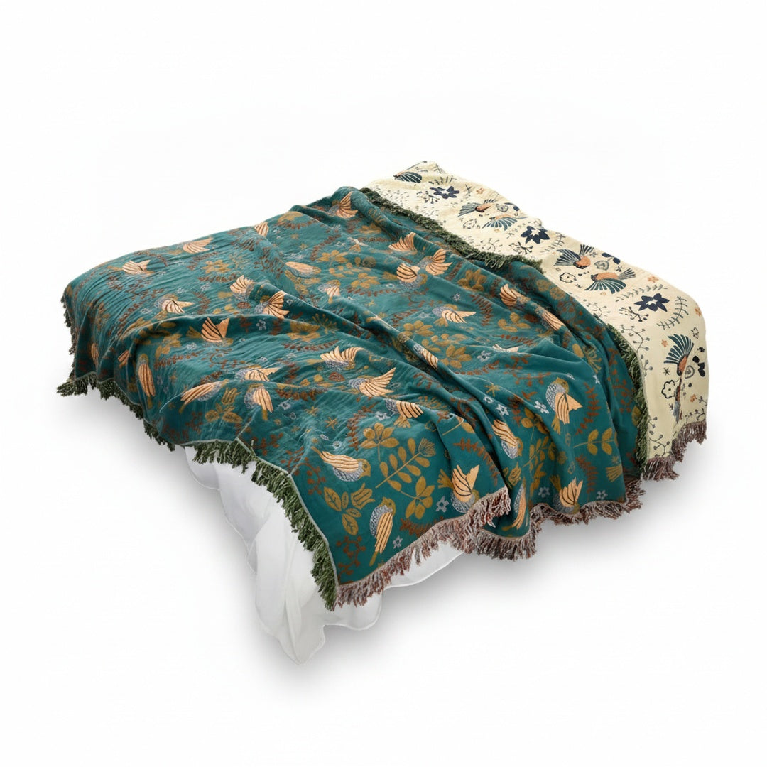 Dubbelzijdige Plaid met Geborduurde Vogels en Bloemen met Franjes ##POS:1##