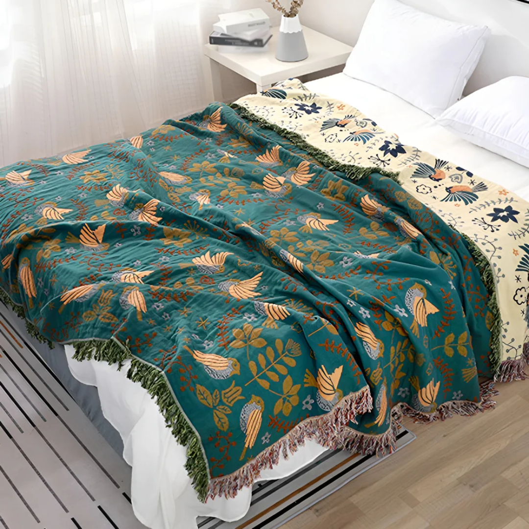 Dubbelzijdige Plaid met Geborduurde Vogels en Bloemen met Franjes