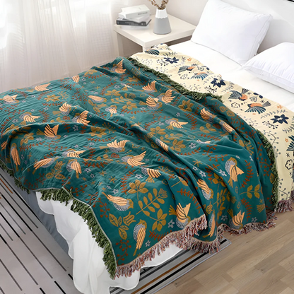 Dubbelzijdige Plaid met Geborduurde Vogels en Bloemen met Franjes