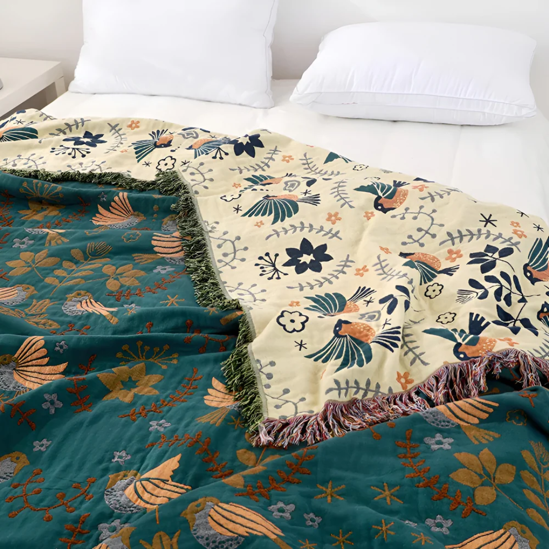 Dubbelzijdige Plaid met Geborduurde Vogels en Bloemen met Franjes