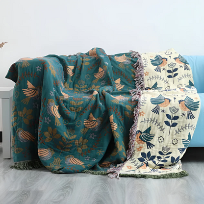 Dubbelzijdige Plaid met Geborduurde Vogels en Bloemen met Franjes ##POS:4##