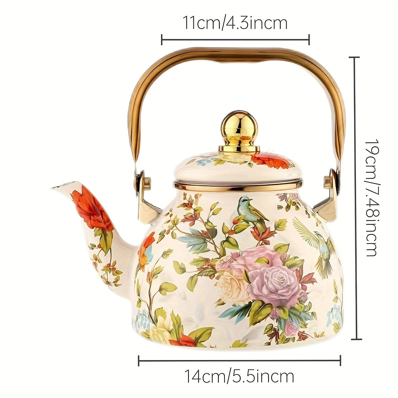Emaille Theepot met Bloemen en Vogelprint en Gouden Details