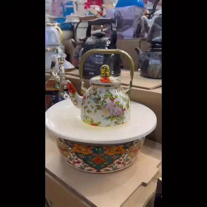 Emaille Theepot met Bloemen en Vogelprint en Gouden Details