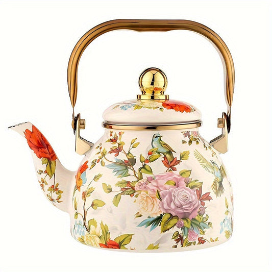 Emaille Theepot met Bloemen en Vogelprint en Gouden Details