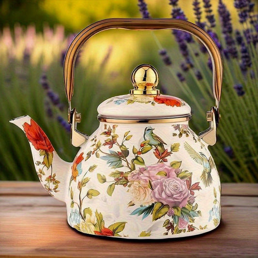 Emaille Theepot met Bloemen en Vogelprint en Gouden Details