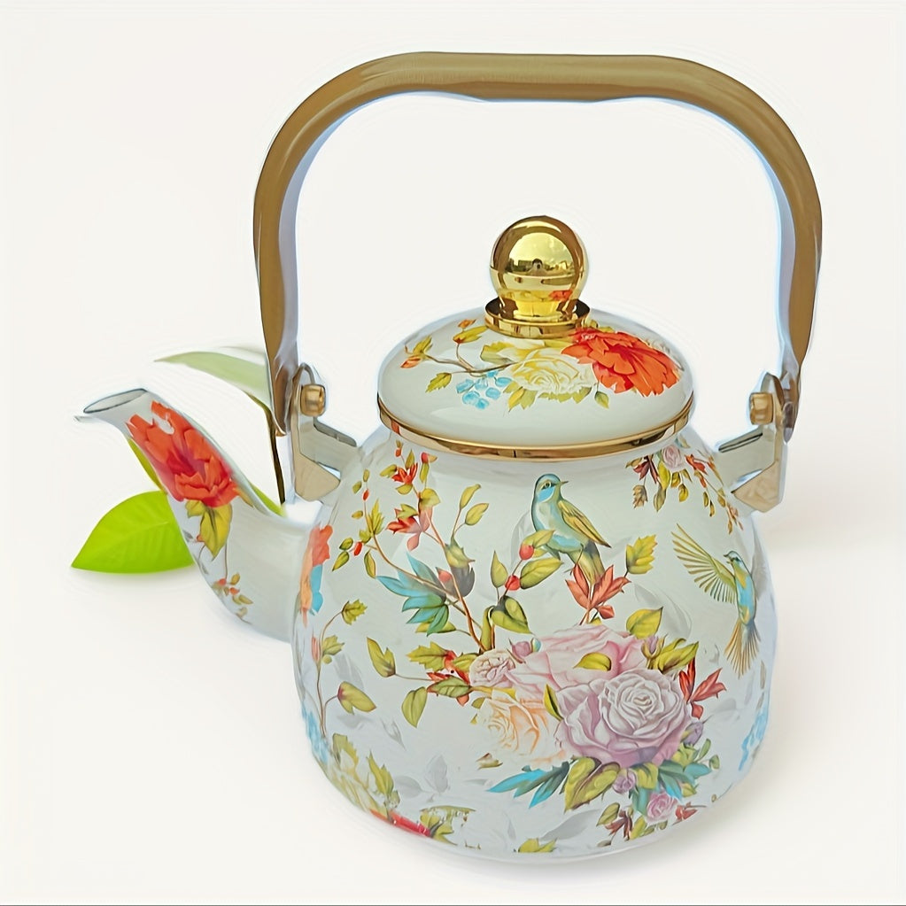 Emaille Theepot met Bloemen en Vogelprint en Gouden Details