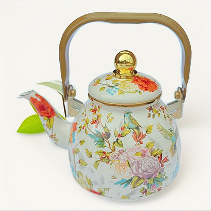 Emaille Theepot met Bloemen en Vogelprint en Gouden Details
