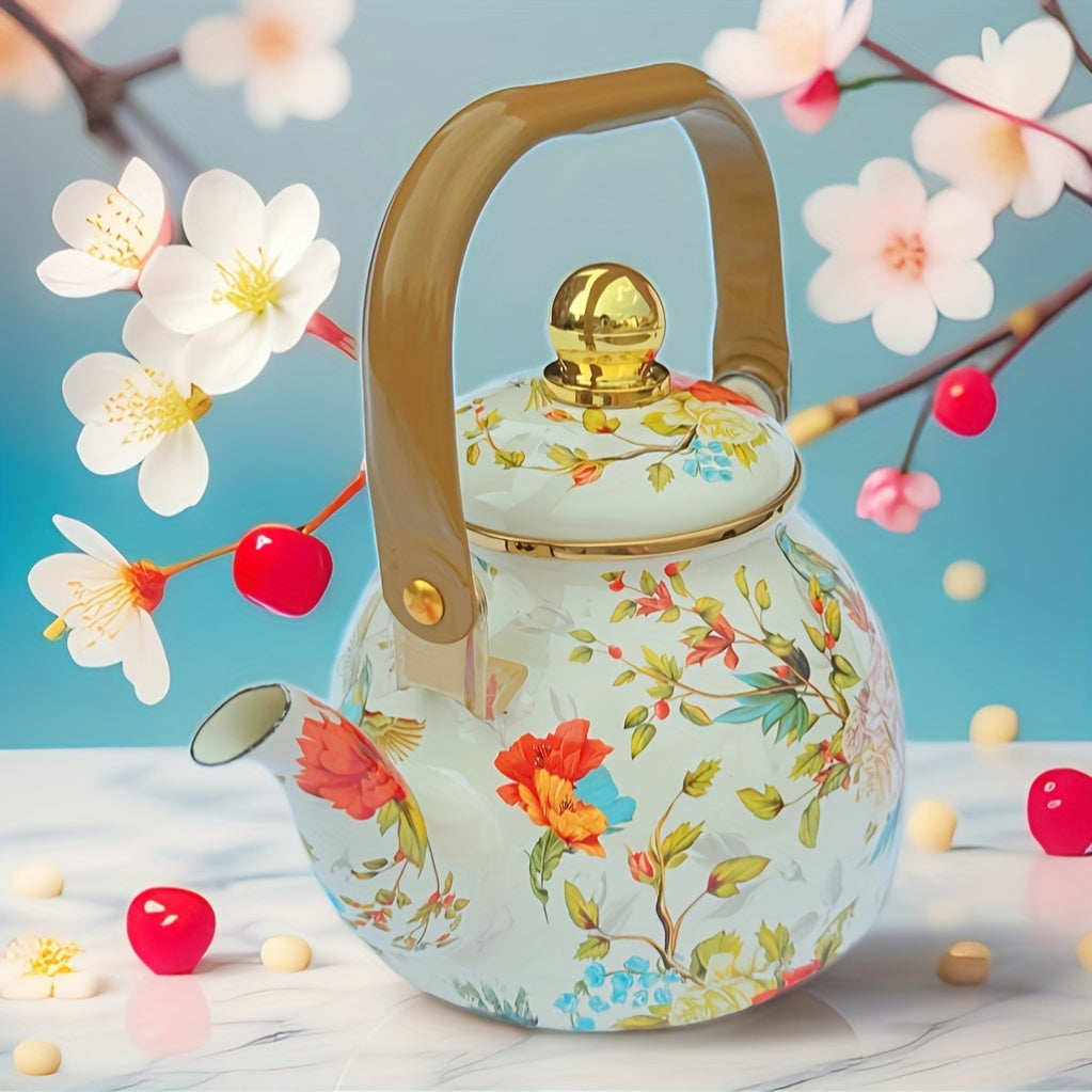 Emaille Theepot met Bloemen en Vogelprint en Gouden Details
