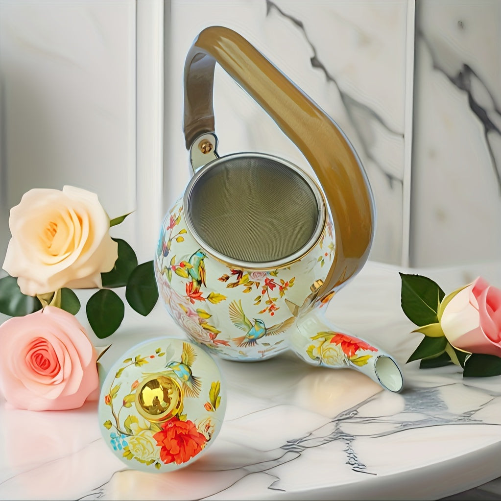 Emaille Theepot met Bloemen en Vogelprint en Gouden Details