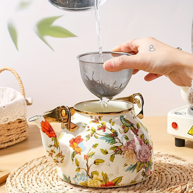 Emaille Theepot met Bloemen en Vogelprint en Gouden Details