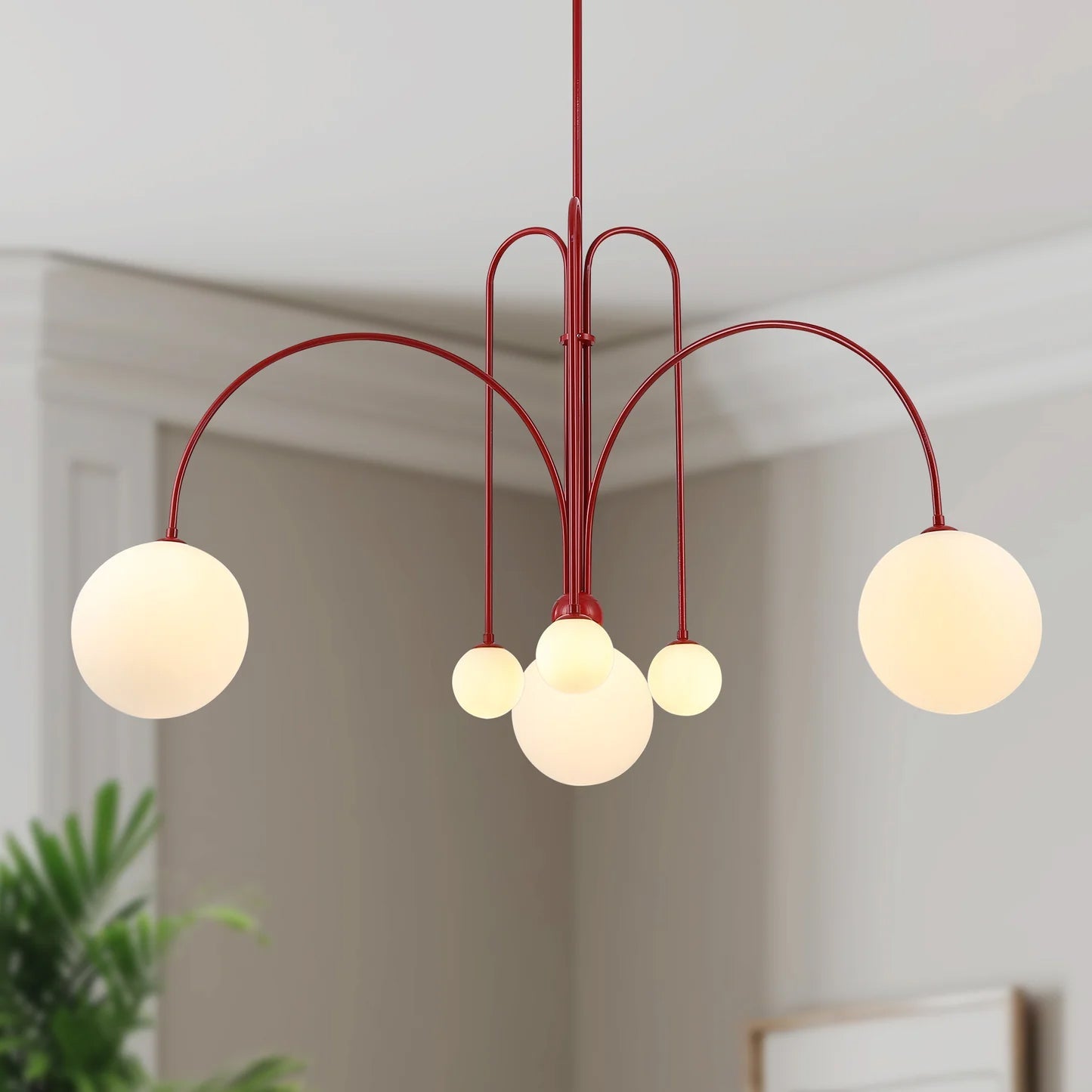 Hanglamp Art Deco met Boogvormige Armen en Glazen Bollen