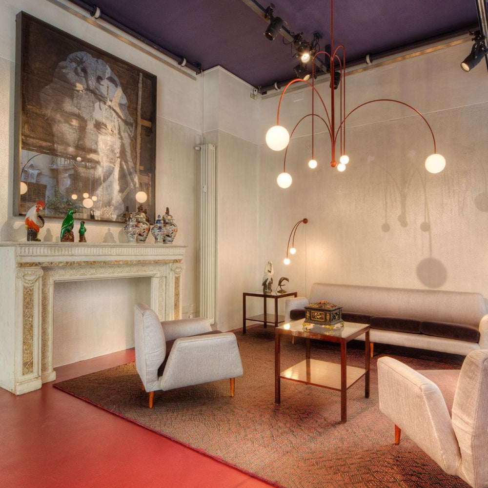 Hanglamp Art Deco met Boogvormige Armen en Glazen Bollen