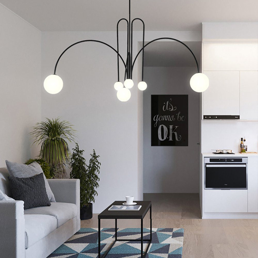 Hanglamp Art Deco met Boogvormige Armen en Glazen Bollen
