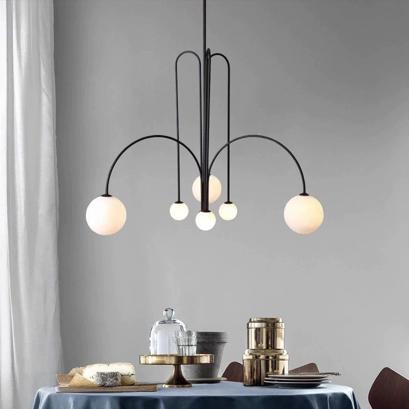 Hanglamp Art Deco met Boogvormige Armen en Glazen Bollen